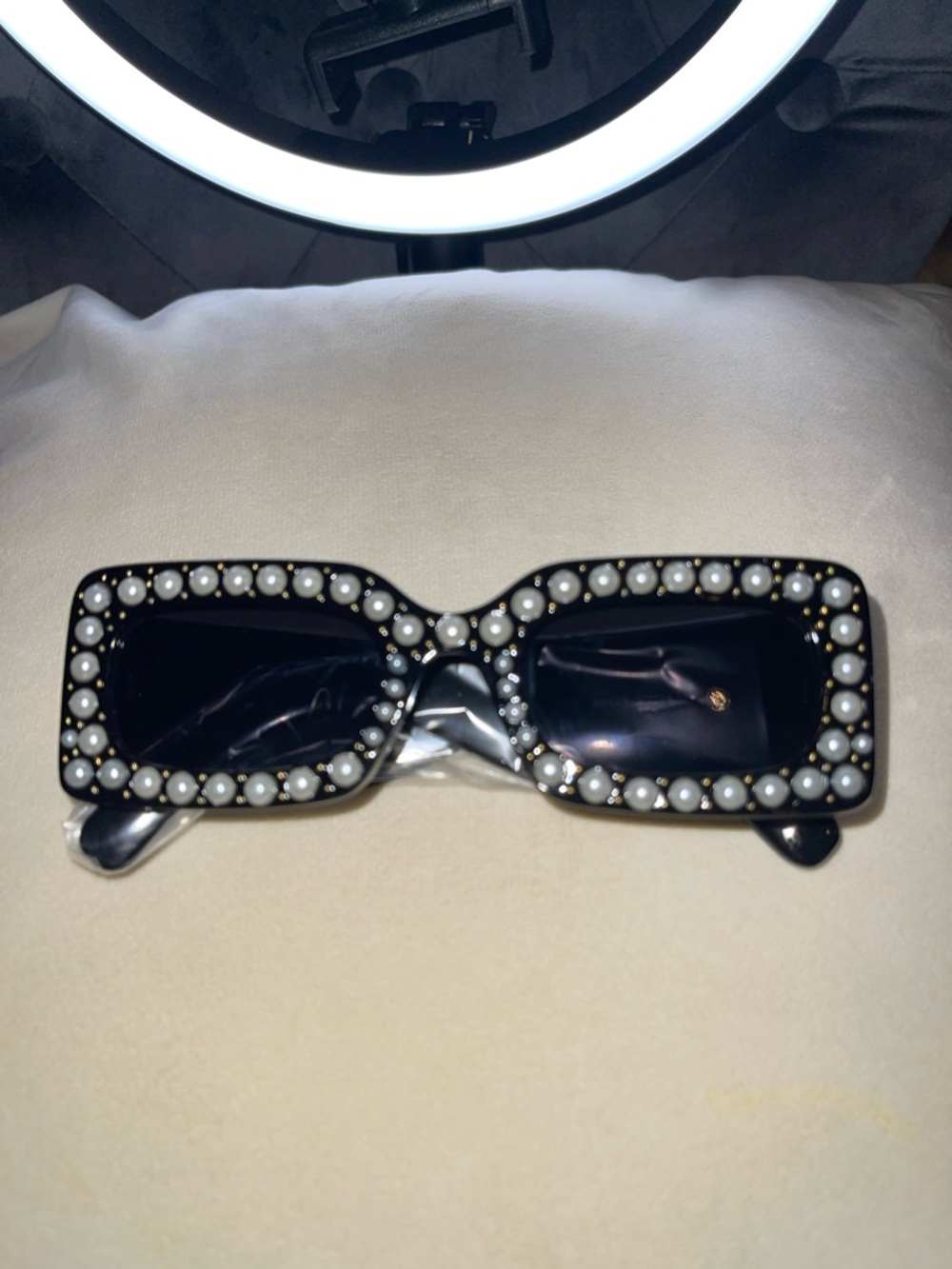 Black Pearl-Trim Rectangle Sunglasses